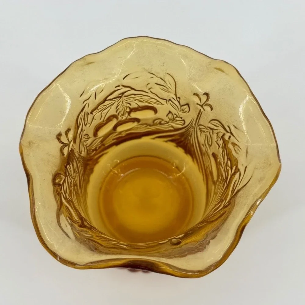 Amber Glass‎ Hobnail Bud Vase Ruffled Edge Embossed Floral